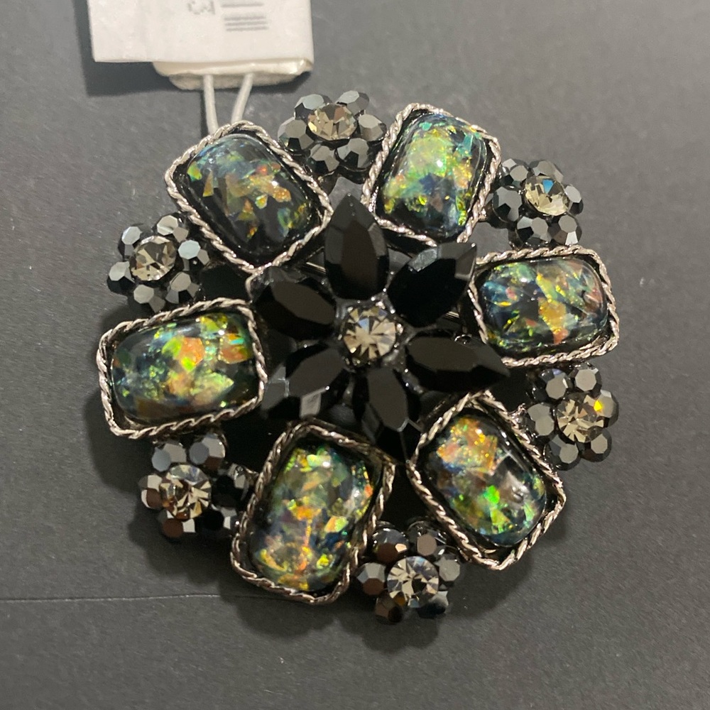 CARA New York Nordstrom Black Crystal Flower Brooch Iridescent Opal Pin NWT